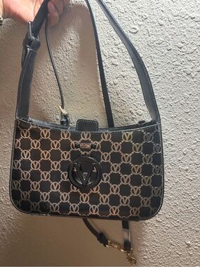 Valentino Black and Cream Logo-Print Shoulder Bag